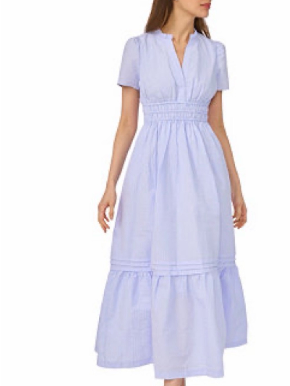 CeCe Light Blue and white Seersucker Smocked-Waist Midi Dress